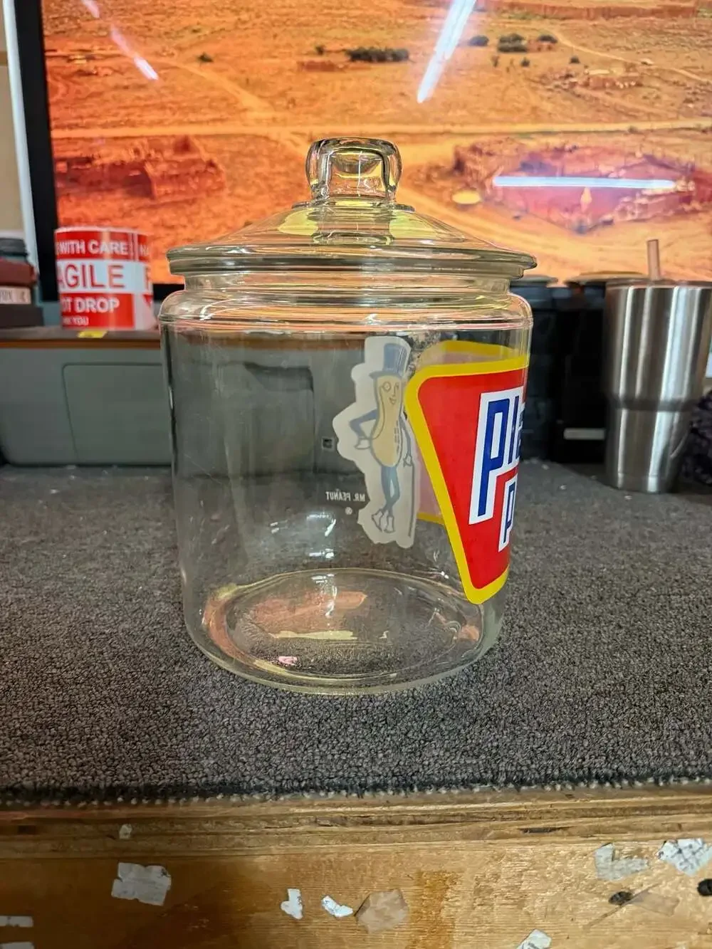 Vintage Planters Peanuts Glass Advertising Counter Jar with Lid